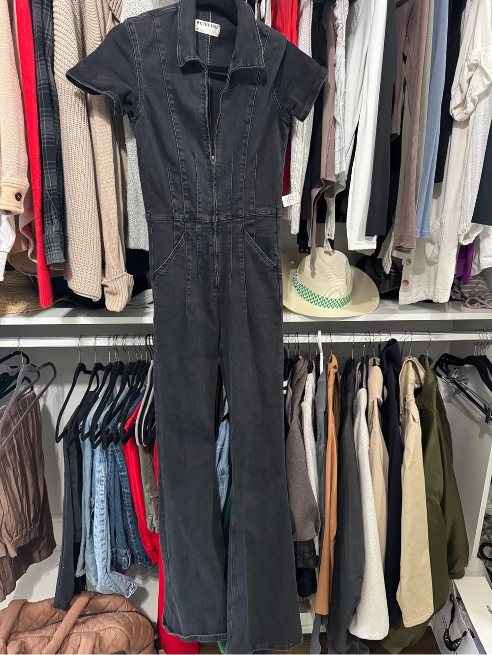 We The Free Black Short-Sleeve Denim Zip Jumpsuit